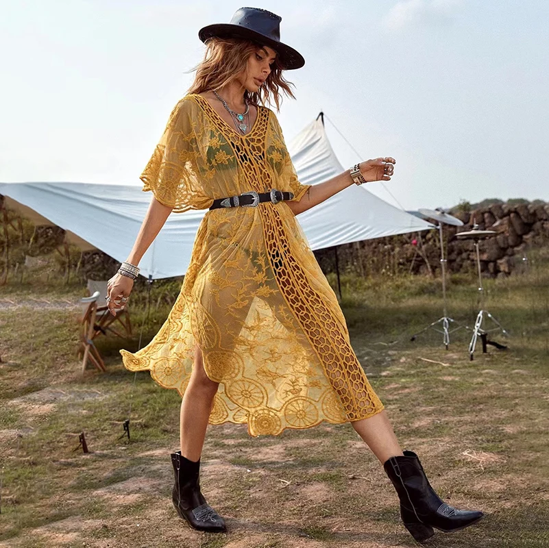 Crochet Cover Ups Women Summer 2023 Bikini Beach Dress Holiday Long Robes Lace Hollow Out Side High Split Maxi Vestidos