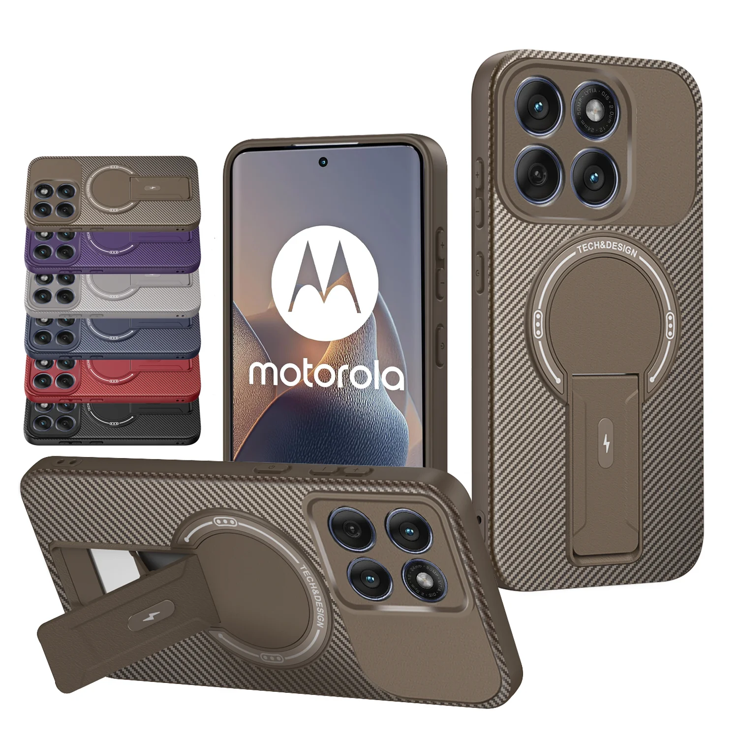 Carbon Fiber Pattern Armor Phone Case with Magnetic Wireless Charging and Foldable Stand