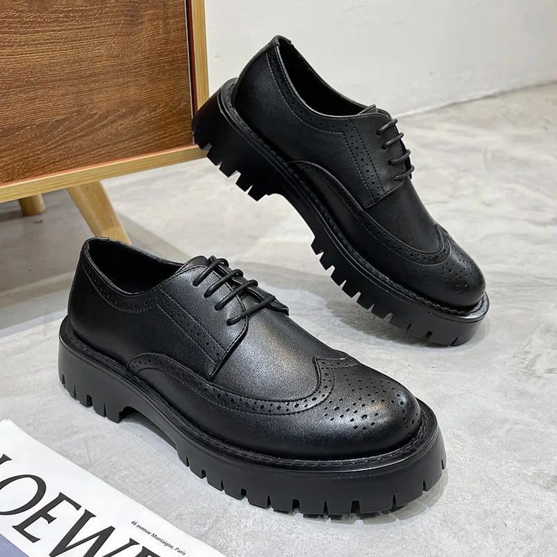 British Style Brogue Shoes for Men Business Casual Fashion Commute Thick Sole Leather Shoes Male Platform Wedding Dress