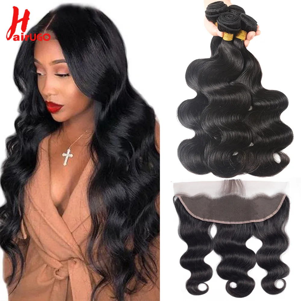 HairUGo Brazilian Body Wave Human Hair Bundles With Frontal Non-Remy Hair Weaving 13*4 Lace Front With Bundles Extension