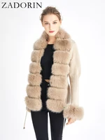 ZADORIN Fall Winter Women Faux Fur Coat Luxury Knitted Sweater Fur Cardigan Detachable Collar White Pink Jacket Faux Fur Coats 2