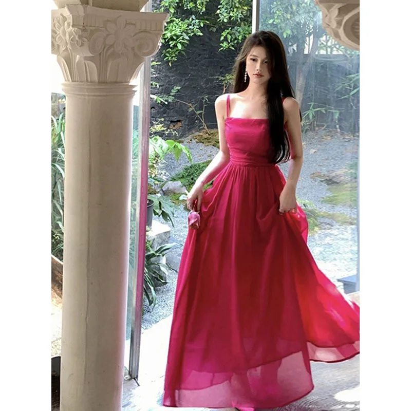 

Xianqi Elegant Vacation Chiffon Women's Dress 2024 Summer New French Style Fashionable Waist Strap Long Dress