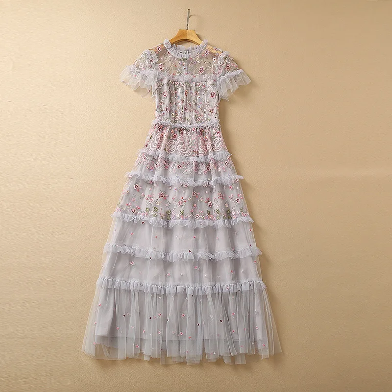 

Женское плиссированное платье с коротким рукавом, Сетчатое платье в европейском и американском стиле с воротником-стойкой и цветочной вышивкой, XXL, лето 2022