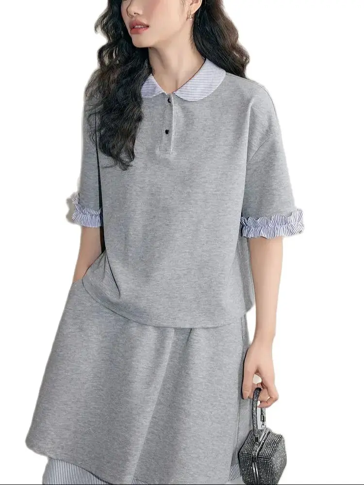 Korea Grey Short Sleeve Short Skirt Women Elegant College Summer Street Wear Harajuku Popular Fashion Korean Style