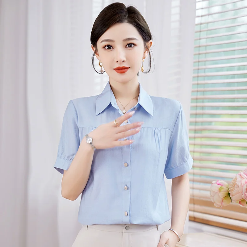 New Mom Fashion Lapel Collar Versatile Short Sleeve Shirt Thin Summer Middle Aged Women'S Loose And Comfortable Casual Top