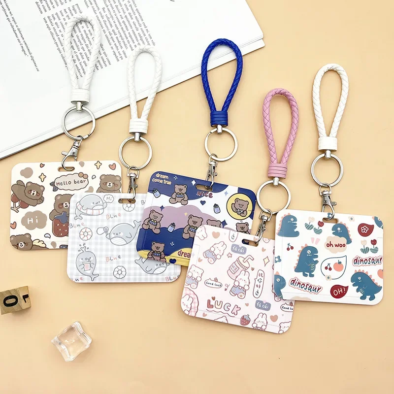 Horizontal Cute Cartoon Push Pull Card Covers Bus Card Sleeve Game Cards Case Credit Holder Lanyard Work Permit Holder
