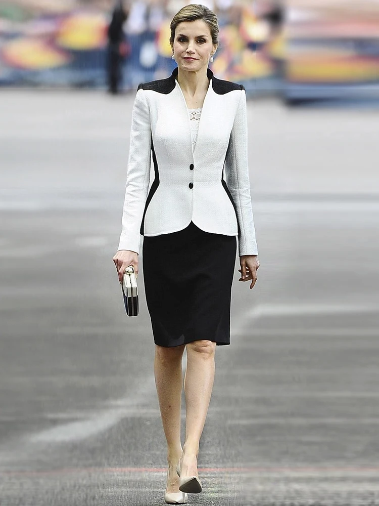 

Princess Female Autumn New High Quality Fashion White Jacket Top Black Pencil Half Skirt Celebrity Office Vintage Women's Sets