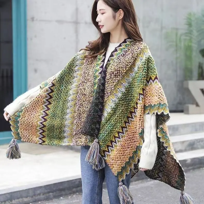 Moxidress Soft Tassel Lattice Cloak Poncho Sweater