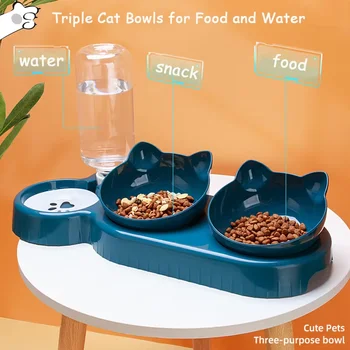 Triple Cat Bowls with Water Bottle 1