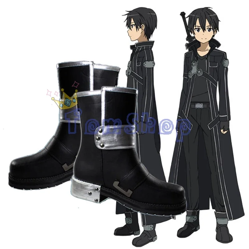 

Sword Art Online SAO Kirito Kirigaya Kazuto Cosplay Shoes Black Leather Boots Men Women Halloween Costumes