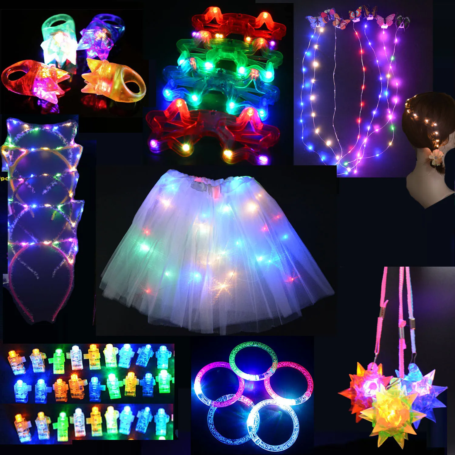 

59pcs Girls Kids Party Toy Gift Set Pack LED Light Glow Ring Bracelets Glasses Skirt Cat Headband Wedding navidad Christmas