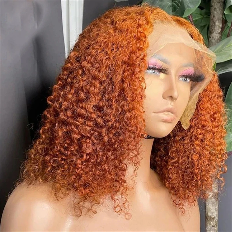 

Blunt Short Bob Ginger Orange Kinky Curly Lace Frontal Wig For Women With Baby Hair Synthetic Pre Plucked Heat Resistant