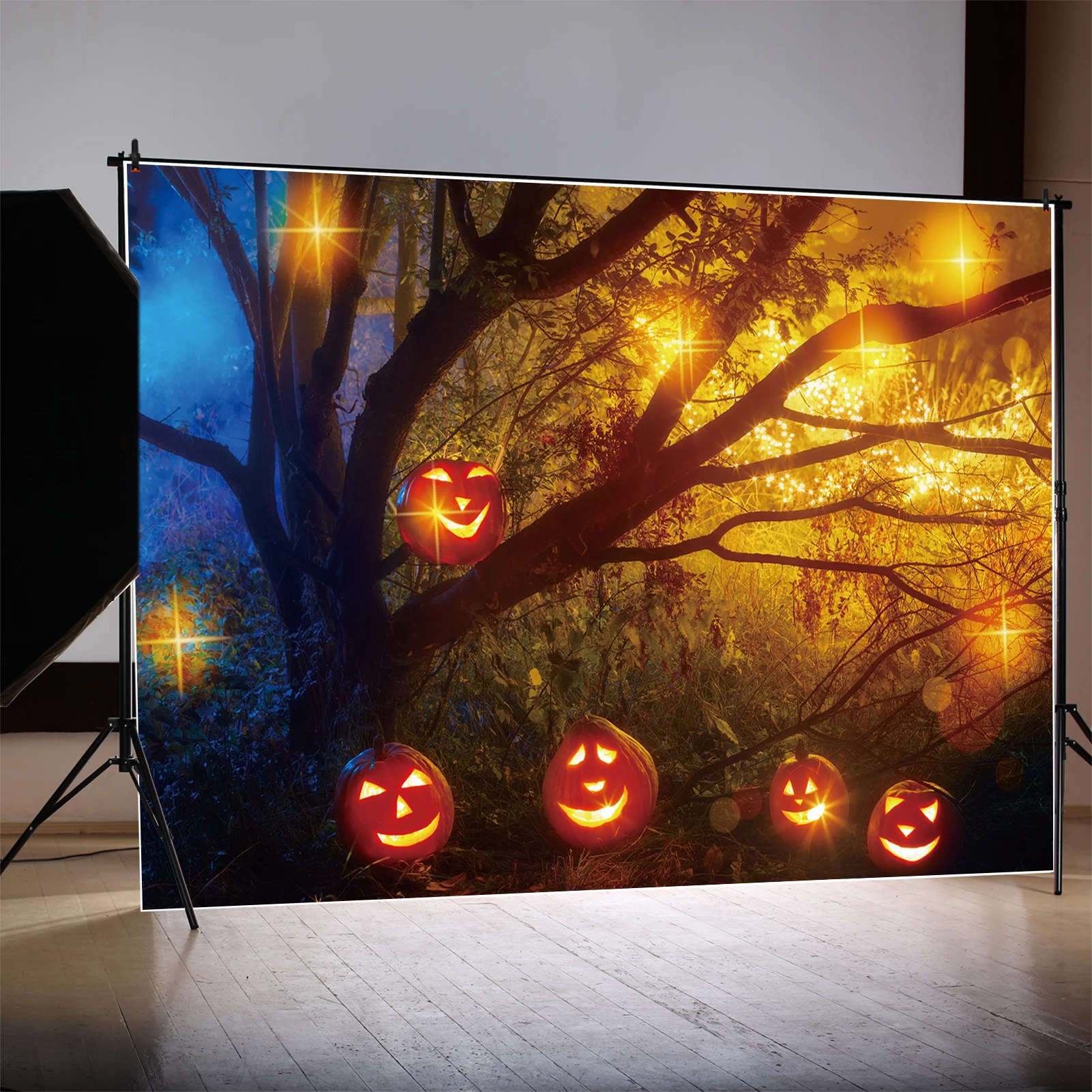 

MOON.QG фон для Хэллоуина Золотая Тыква фонарь на ветке фон для детей блестящее голубое небо