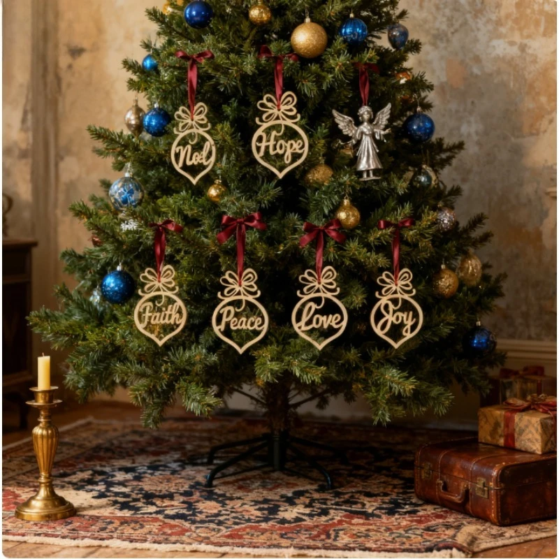 6PCS/Set Wooden Christmas Tree Pendant with Hanging Rope, Wooden Small Pendant, Carved Hollow Ornament, Christmas Tree Pendant