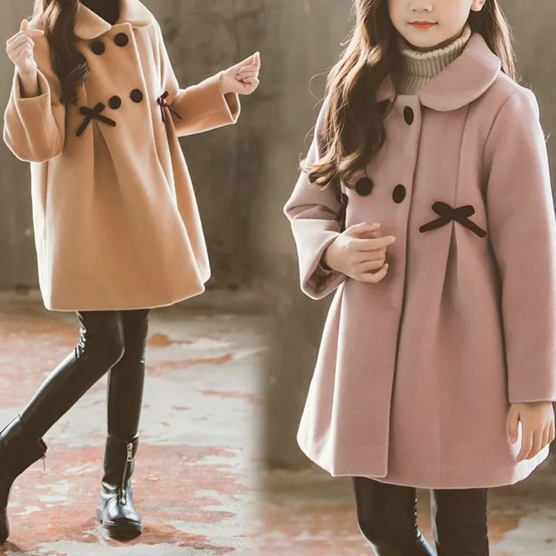 Korean Casual Autumn Winter Girls Turn-down Collar Button Spliced Bow Shirring Fashion Sweet Long Sleeve Loose Coats