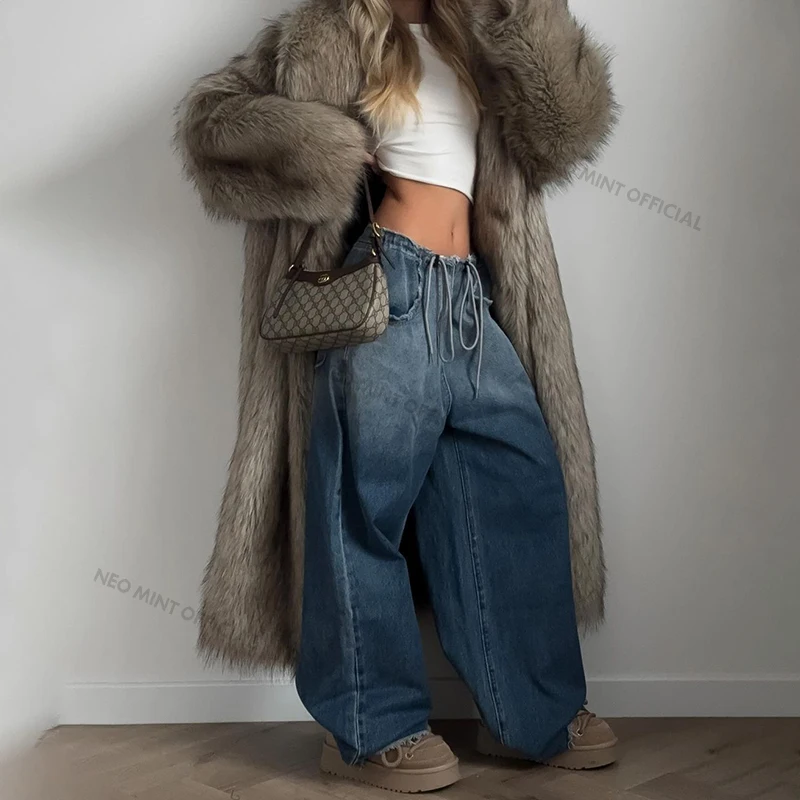 Neo Mint Luxury Mob Wife Aesthetic Long Faux Fur Coat Women Winter 2024 Fluffy Gradient Fox Fur Jacket Female Furry Overcoat 5