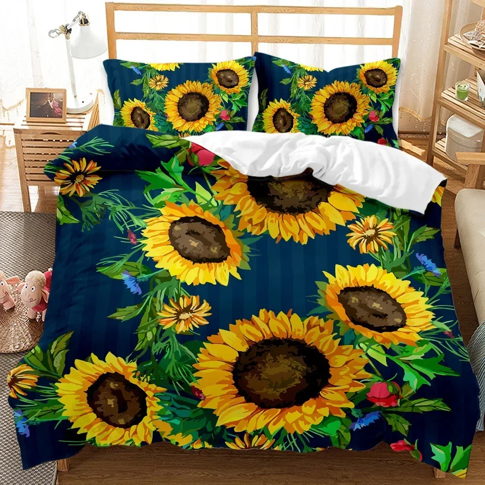 Sunflower Duvet Cover Set Yellow Flower Bedding Set Sunflower Botanical Floral Garden Bloom Print on Black Polyester Quilt Cover