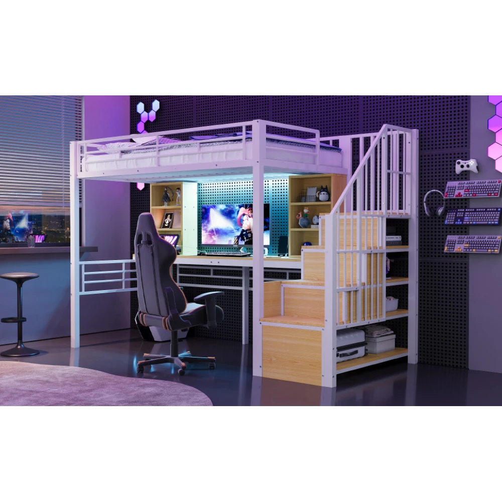 Hochbett 90×200cm, mit Regal, Schreibtisch, Steckdose und LED-Beleuchtung, integriertem Stauraum-Treppenhaus (links/rechts montierbar), Eisenrahmen – Detail 18