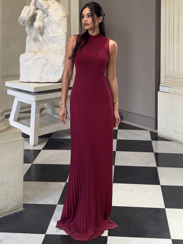 Mozision Half High Collar Sleeveless Knit Maxi Dress For Women Fashion  Solid Bodycon Sexy Pleated Long Knitted Sweater Dress - AliExpress 200000345
