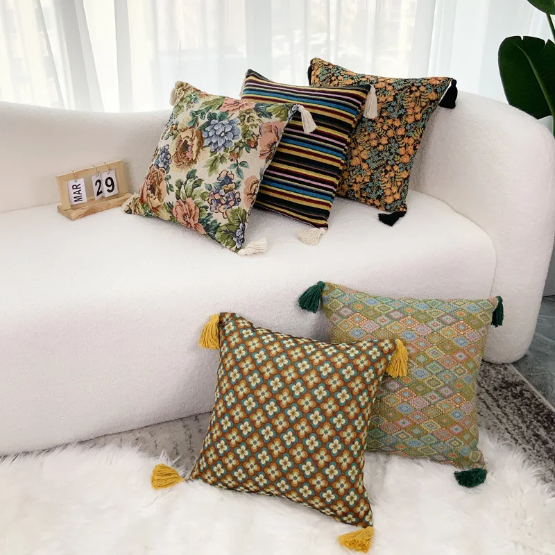 

Nostalgic retro yarn-dyed jacquard pillow case geometric cushion cover vintage sofa waist pillow covers