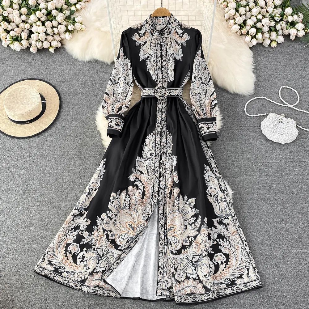 Women Vintage Long Dress Fashion Print A-line Ruffled Elegant Floral Party Dresses Ladies Long Sleeve Casual Long Robe Vestidos