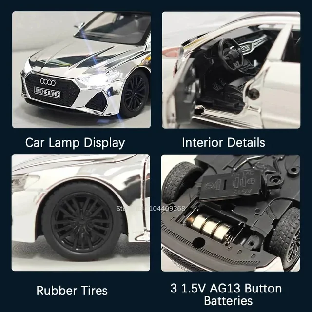 1:32 Scale RS7 RS6 Sports Car Toy Model Light Sound Pull Back Diecast Metal Miniature Vehicles Models Kids Desktop Ornaments 3