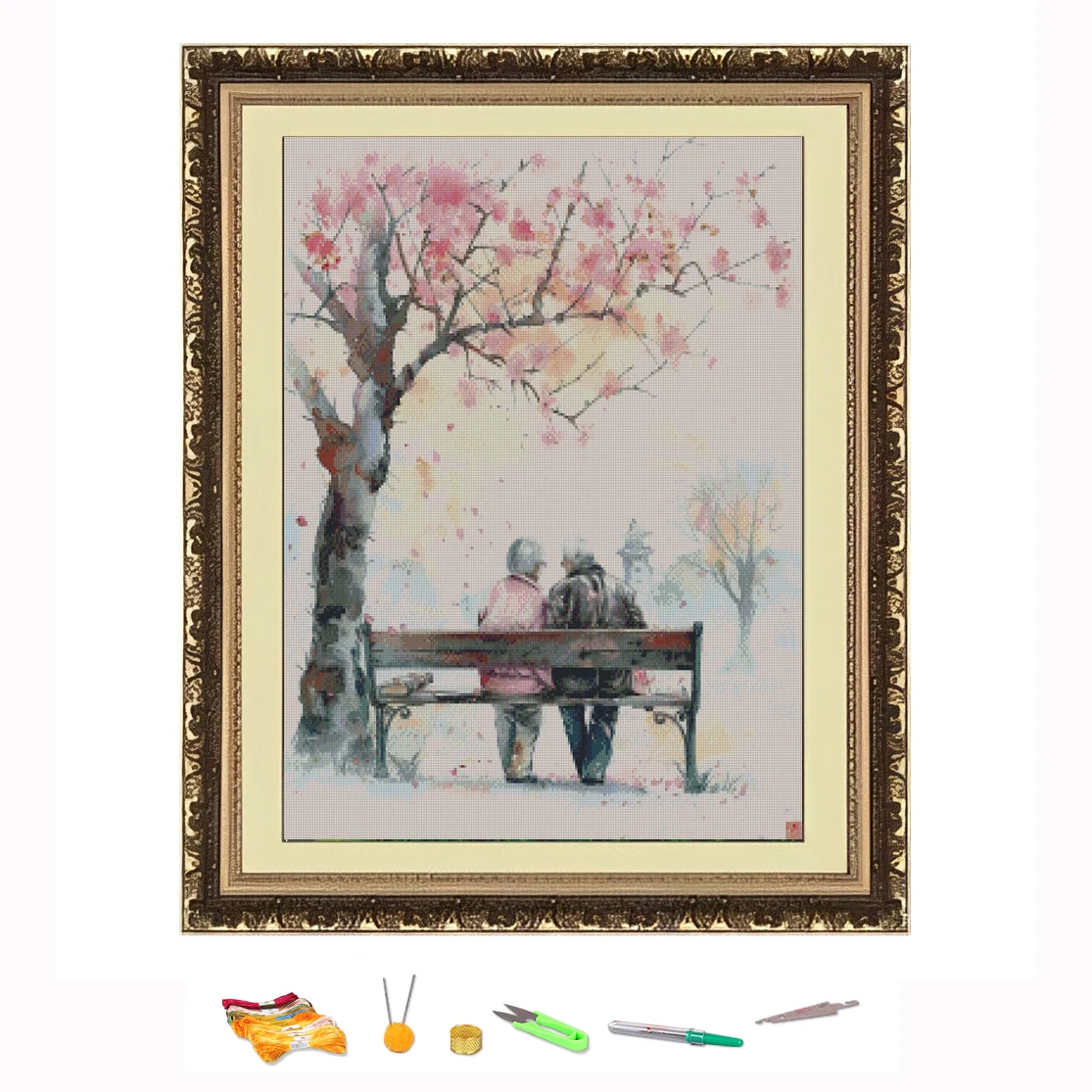 Cross Stitch Embroidery Kit Old Couple Under the Cherry Blossom Tree Style Thread Drawing DIY Needlework Kit Count Printed on Ca