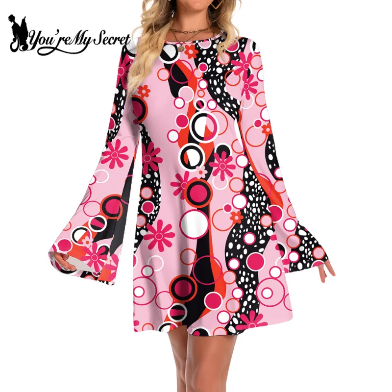 [You're My Secret] Women 70s Floral Printed Disco Dress Hippie Clothes Accessories Halloween Dance Costumes Holiday Clothes 4