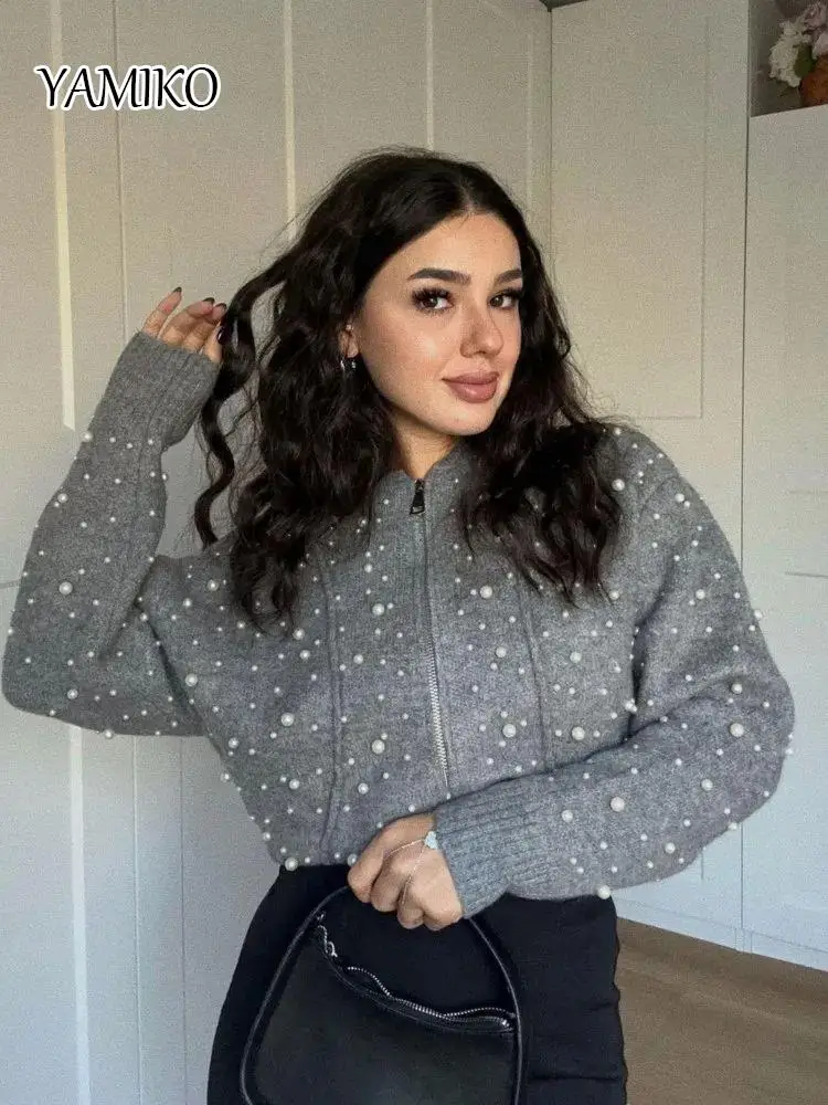 

YAMIKO Grey Pearl-embellished Knitted Sweater 2024 Long Sleeve Zipper Bomber Jacket Cardigan Tops Casual Short Knit Jumper Tops