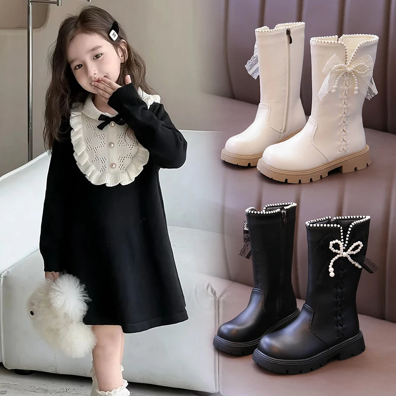 Girls Leather Mid Calf Boots Winter Kids Boots
