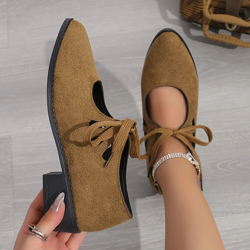 Lucyever Vintage Lace Up Thick Heels Pumps Women Shoes 2025 Spring Pointed Toe Mary Jane Shoes Woman Plus Size Faux Suede Pumps 2