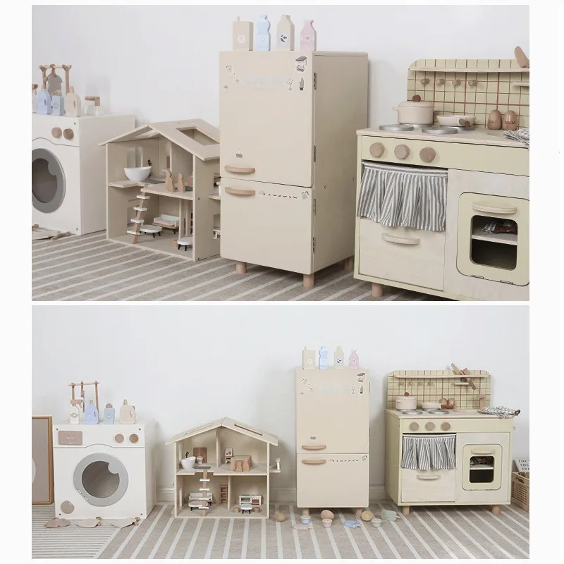 Wooden Children's Simulation Play House Nordic Style Kitchen Refrigerator Washing Machine Mini Cooking Doll Room Set Toys
