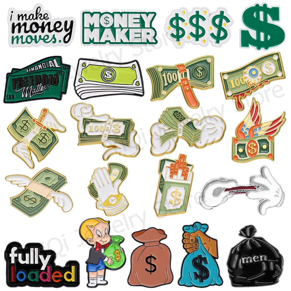 

Creative Dollar Bill Enamel Brooch Fully Loaded MONEY MAKER Wings Cigarette Metal Badge Punk Boy Lapel Pins Jewelry Gifts