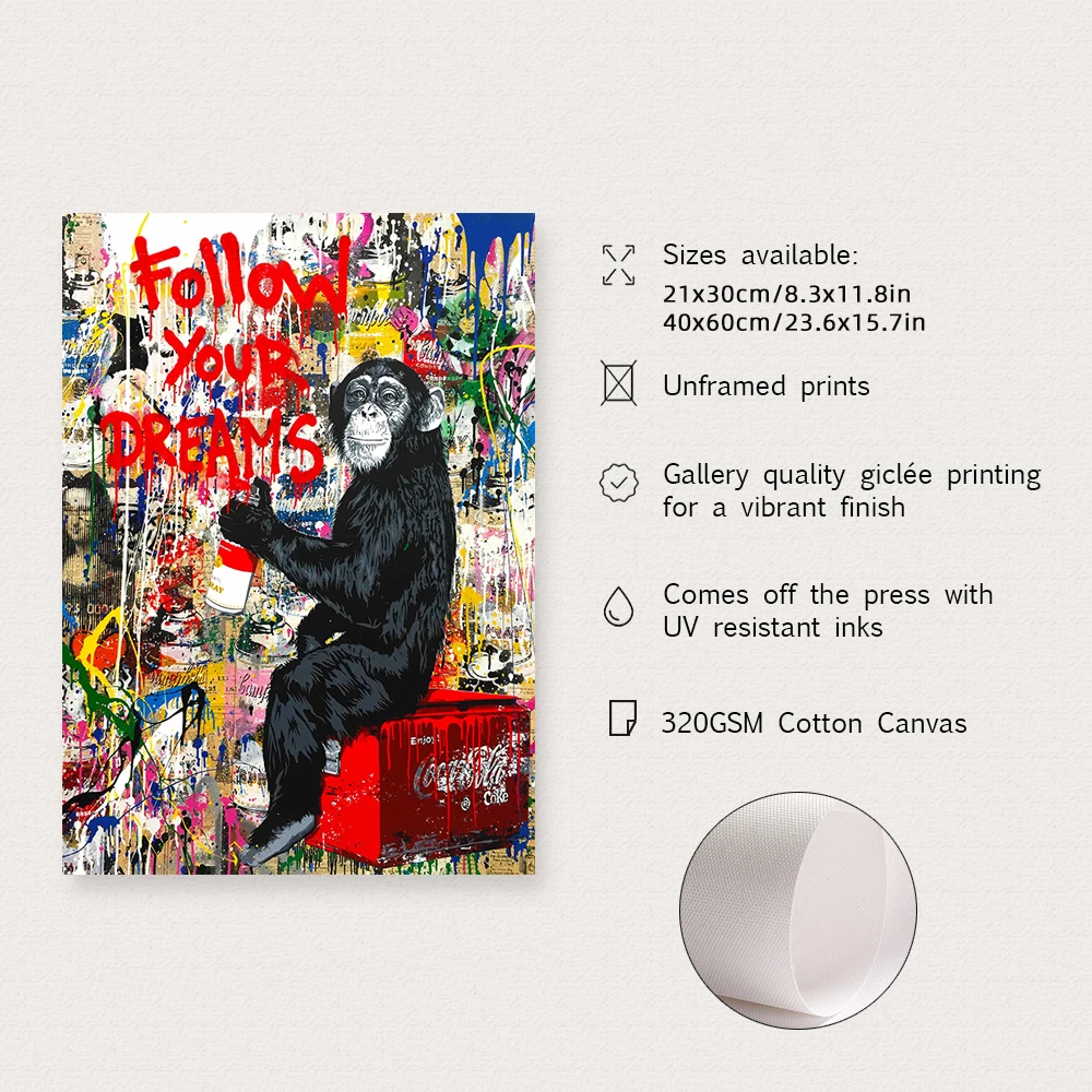 1pc Banksy Art Follow Your Dreams Monkey Posters Graffiti