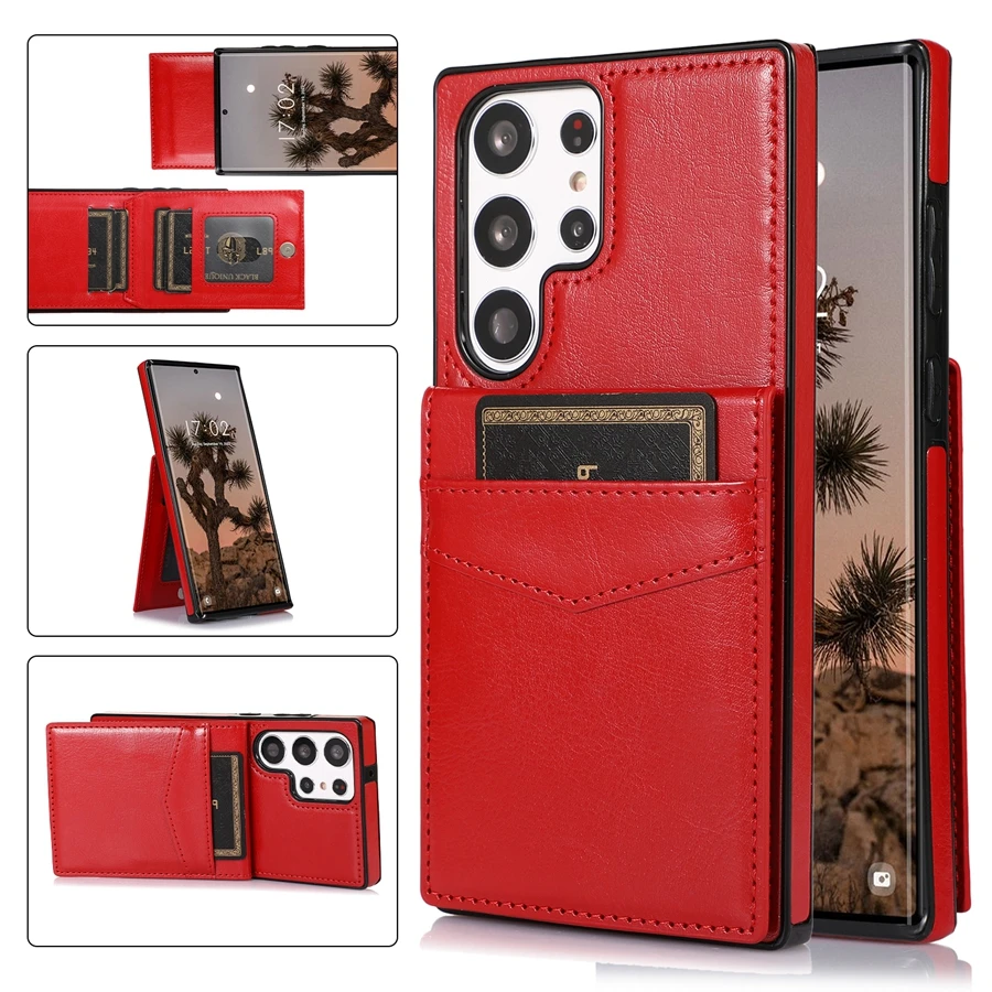 Elegant Solid Color Leather Wallet Case with Card Flip and Bracket