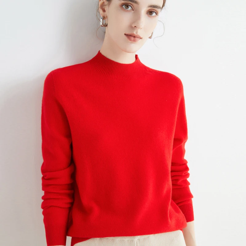 100% Wool First Line Ready-To-Wear Ladies Pullover Pure Wool Sweater Half Turtleneck Cashmere Jumper Basal Top Female Jacket 22