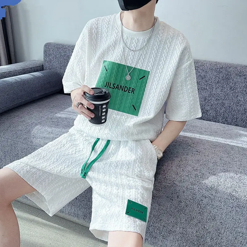 티셔츠 반바지 세트, 남성 시크 캐주얼 남성 의류, 한국 스타일, 부드러운 Xl 레귤러 핏 5xl 2 피스 복장, 무료 배송 상의 제공