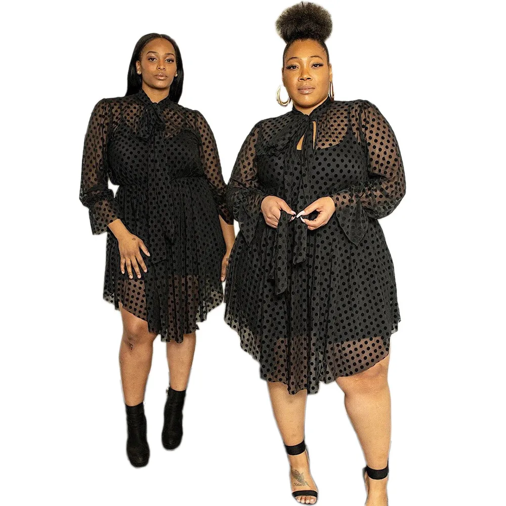 Plus Size Elegant Women Dress Dot Mesh Club Two Piece Outfit Fashion Casual Luxury Gown 2023 Summer Trendy Evening Party Dress