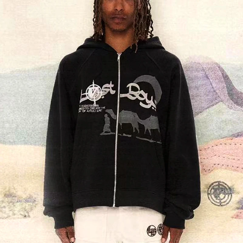 Felpa Con Cappuccio Da Uomo Streetwear Manica Lunga Anime Desert Camel Print Zip Up Felpe Con Cappuccio Y2K Goth Fashion Felpe Giacche Harajuku Abbigl