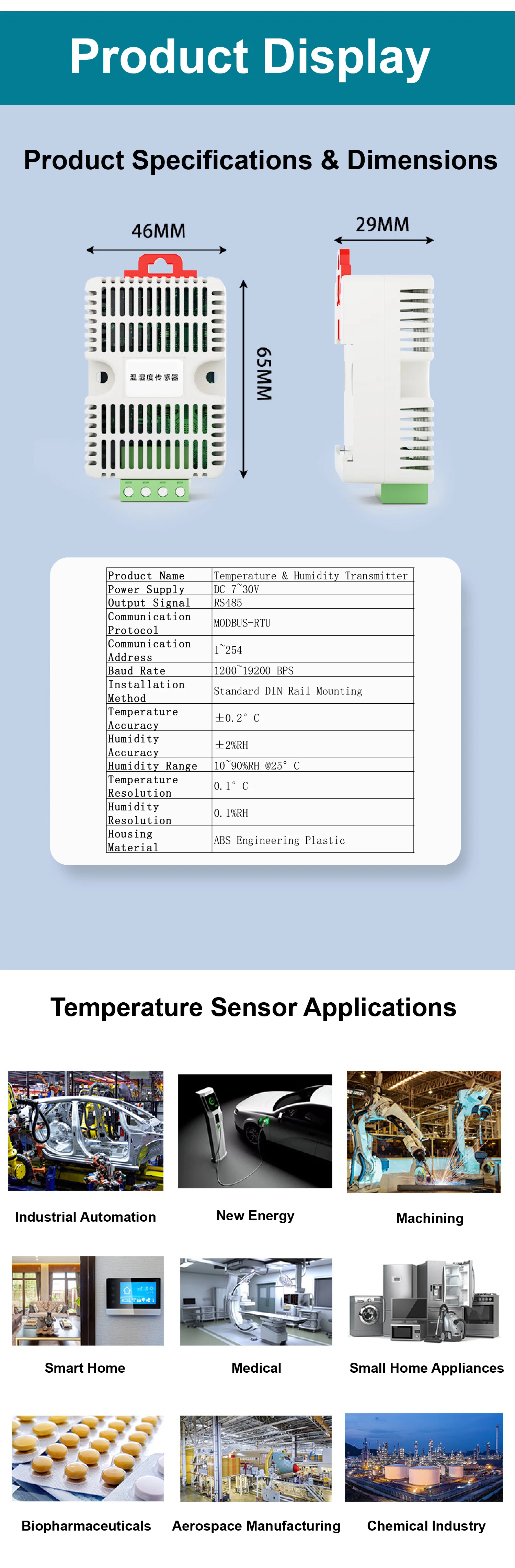 XY-MD02 RS485 Temperature Humidity Sensor Module Modbus RTU DIN Rail Data Acquis