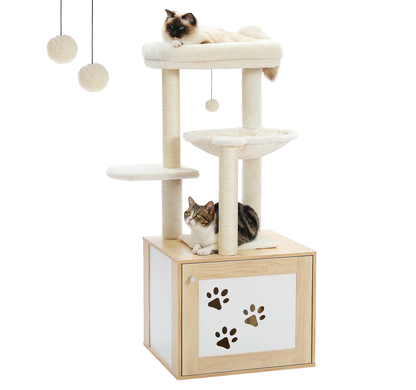 

Cat Tree with Litter Box Enclosure Modern Cat Tower Wood with Super Large Hammock Cat Condo with Cat Scratching Posts Top Perch