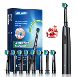 Rechargeable Rotating Electric Toothbrush for Adults with 8 Soft Brush Heads (Black 8 Heads)