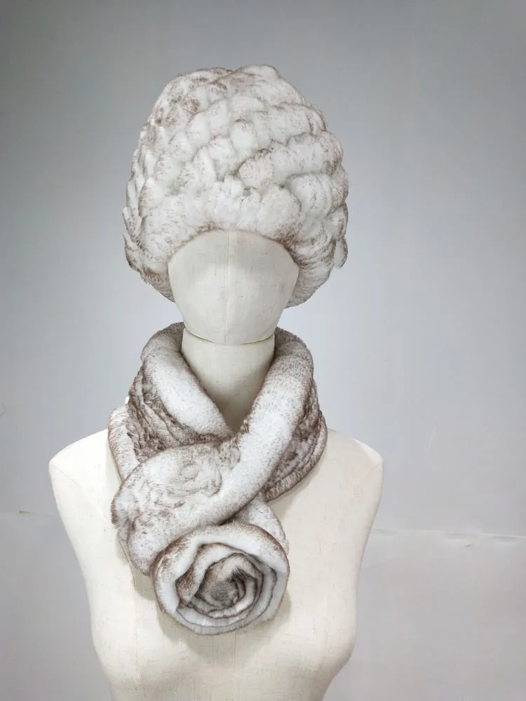 Natürliches Rex-Kaninchenfell-Mütze-Schal-Set für Damen, rosafarbenes Design, gestrickt, Halswärmer, Zubehör, warm, weich, gemütlich, bequem – Detail 2