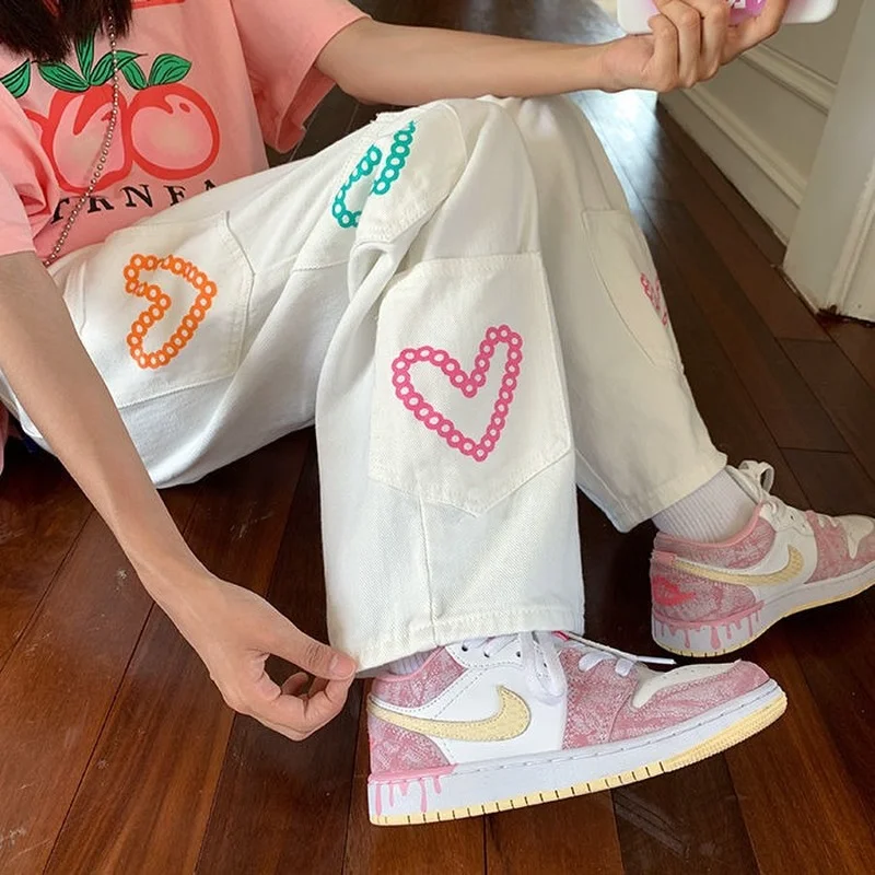  Korean Streetwear White Baggy Jeans Women Letter Embroidery Pockets Cargo Pants Autumn Fashion Wide Leg Trousers Female