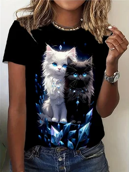 Women's Tee - White & Black Crystal Cats Graphic, Mystical Glowing Feline Design for Casual Daily Wear 1