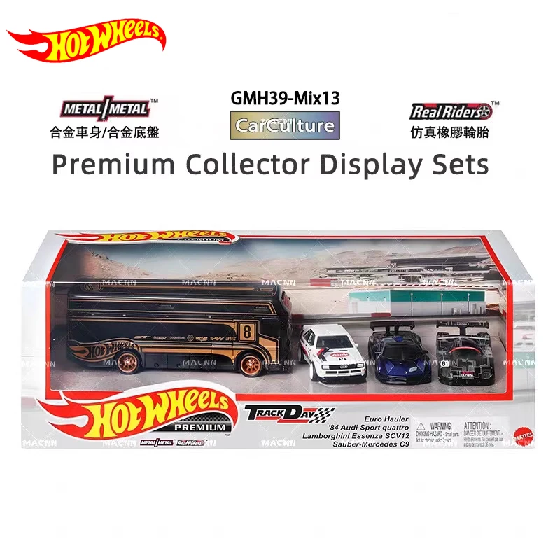 Original Hot Wheels Premium Car Track Day Set Diecast 1/64 Vehicles Euro Hauler Audi Sport Quattro Kids Boys Toys for Children