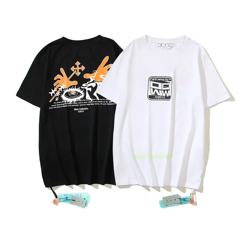 

New 2023 Summer Men's Hip Hop Black Wavy Stripe Print Oversized Streetwear Off Short Sleeve O-Neck white T-shirt