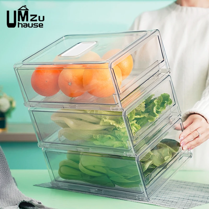 Drawer Box Fridge Organizers Eggs Fruits Vegetable Meat Food Bread Large Case  Divided Kitchen Storage Holder Clear Stackable Bin