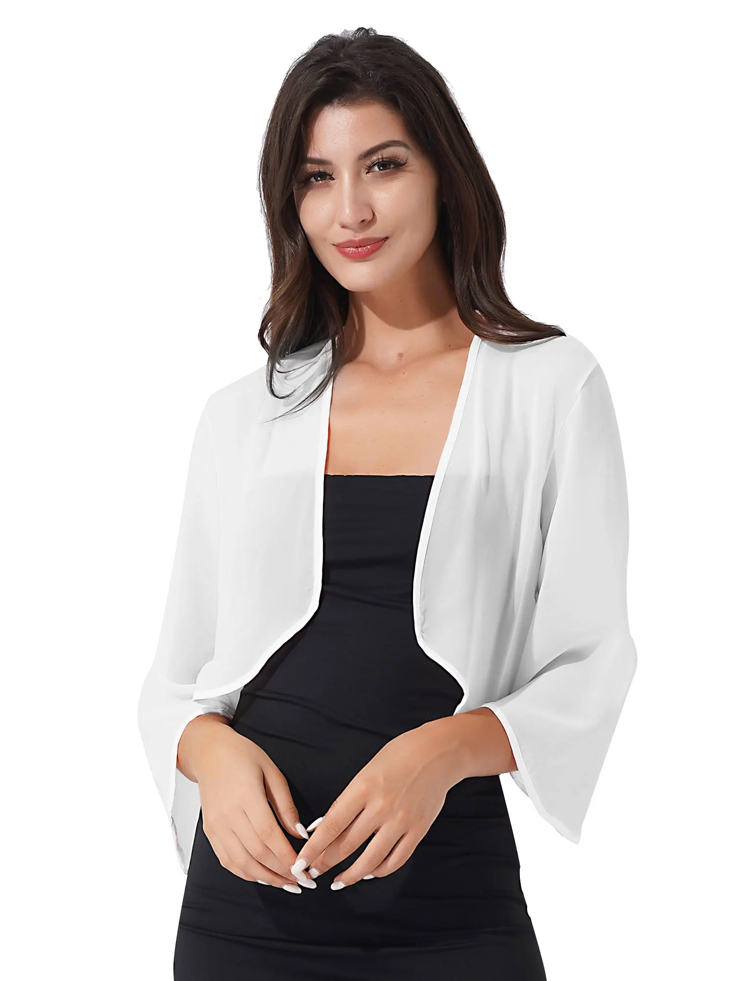 

Womens Elegant Chiffon Cardigan Bolero Jacket 3/4 Sleeve Open Front Wraps Shawls Wedding Evening Party Bridal Dress Cover Ups