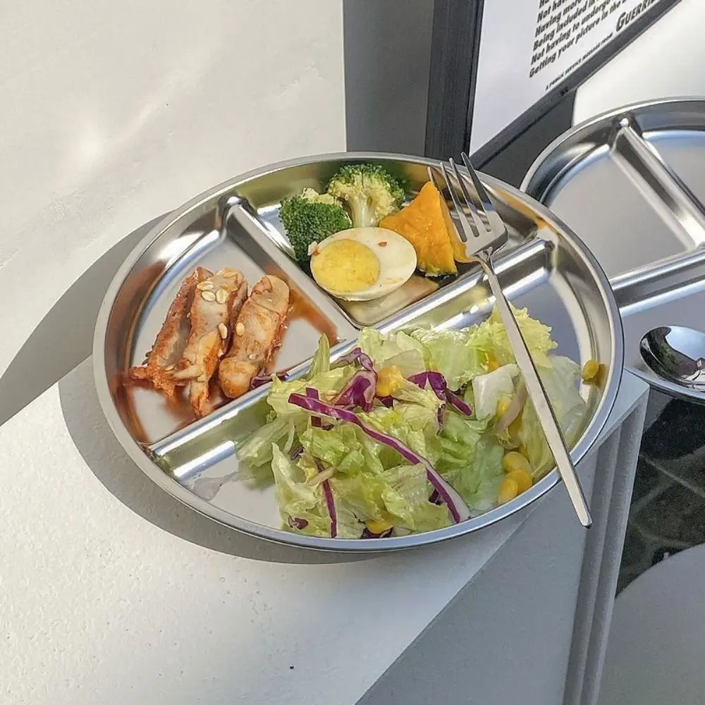 Multifunctional 304 Stainless Steel Portion Control Plates Round 9" inch Divided Plates Reusable Food Trays for Adults Kids